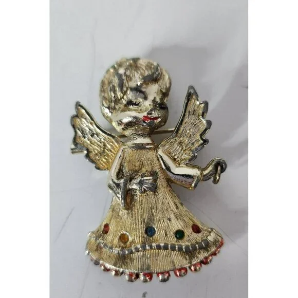 Vintage Rare Beatrix Angel Brooch Pin Gold Tone Crystals Fashion Jewelry Marked - Picture 1 of 6